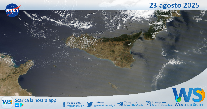 Meteo Sicilia: immagine satellitare Nasa di sabato 23 agosto 2025