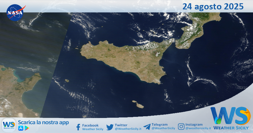 Meteo Sicilia: immagine satellitare Nasa di domenica 24 agosto 2025