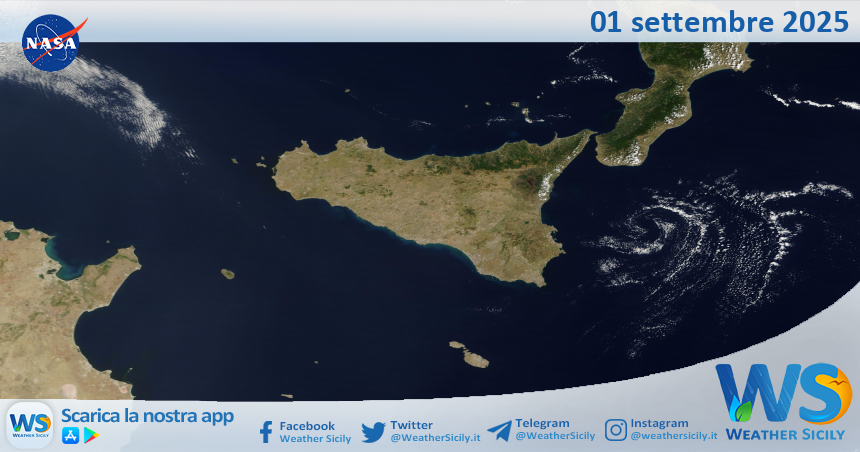 Meteo Sicilia: immagine satellitare Nasa di lunedì 01 settembre 2025