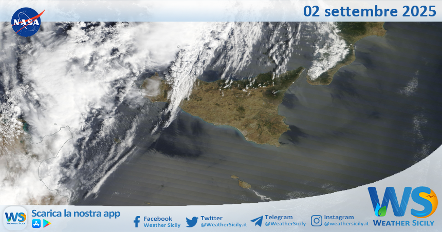 Meteo Sicilia: immagine satellitare Nasa di martedì 02 settembre 2025