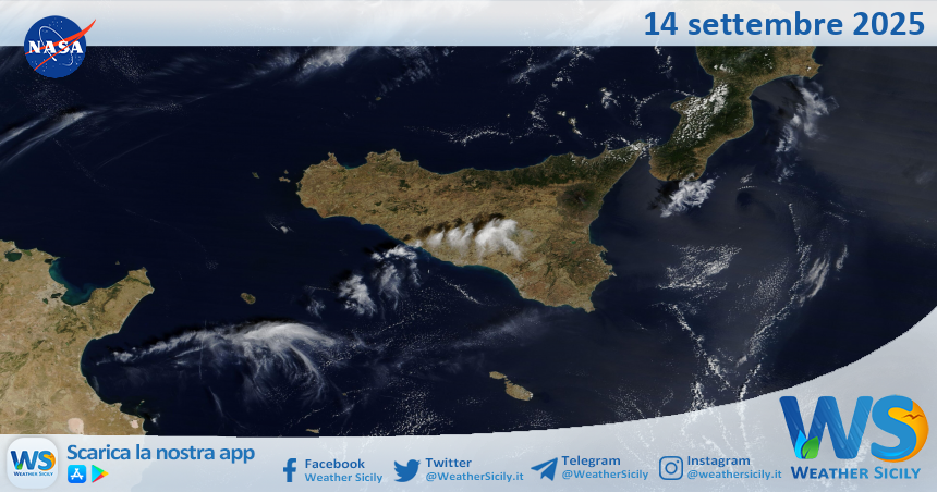Meteo Sicilia: immagine satellitare Nasa di domenica 14 settembre 2025