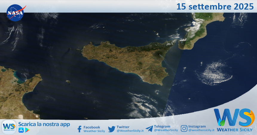 Meteo Sicilia: immagine satellitare Nasa di lunedì 15 settembre 2025