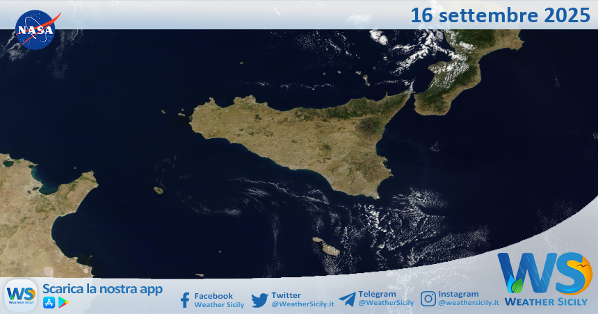 Meteo Sicilia: immagine satellitare Nasa di martedì 16 settembre 2025