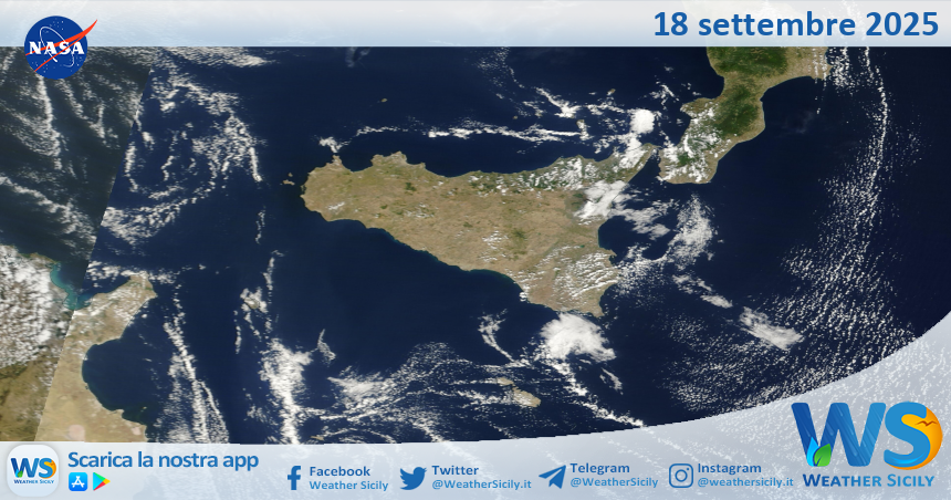 Meteo Sicilia: immagine satellitare Nasa di giovedì 18 settembre 2025