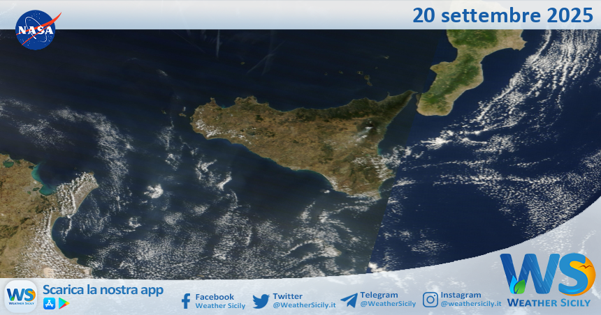 Meteo Sicilia: immagine satellitare Nasa di sabato 20 settembre 2025