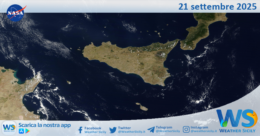 Meteo Sicilia: immagine satellitare Nasa di domenica 21 settembre 2025