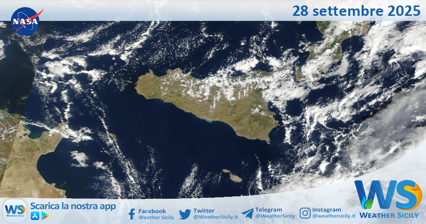 Meteo Sicilia: immagine satellitare Nasa di domenica 28 settembre 2025
