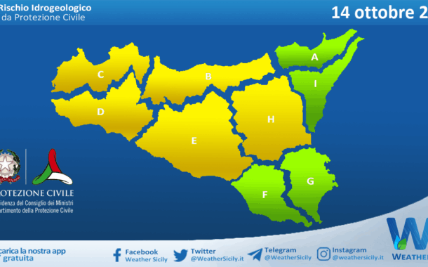 Meteo Sicilia: bollettino di allerta meteo per domani, martedì 14 ottobre 2025