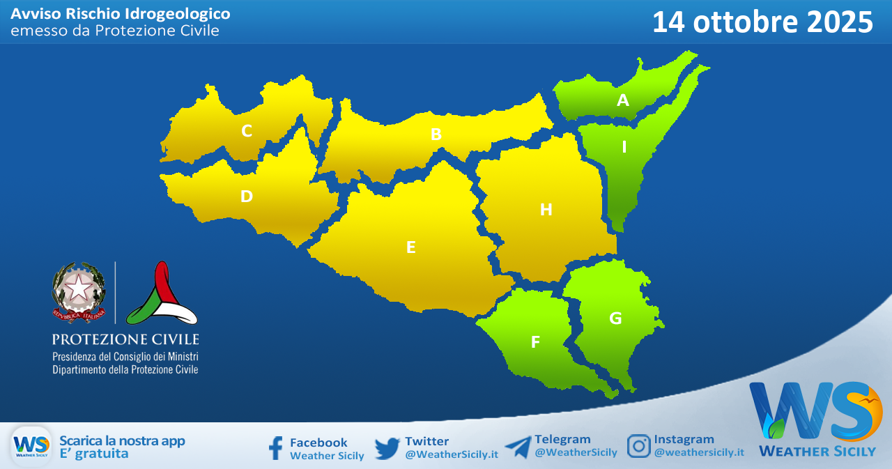 Meteo Sicilia: bollettino di allerta meteo per domani, martedì 14 ottobre 2025