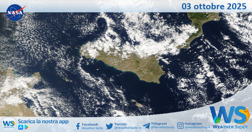 Meteo Sicilia: immagine satellitare Nasa di venerdì 03 ottobre 2025