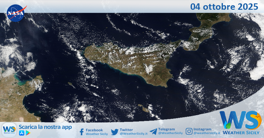 Meteo Sicilia: immagine satellitare Nasa di sabato 04 ottobre 2025