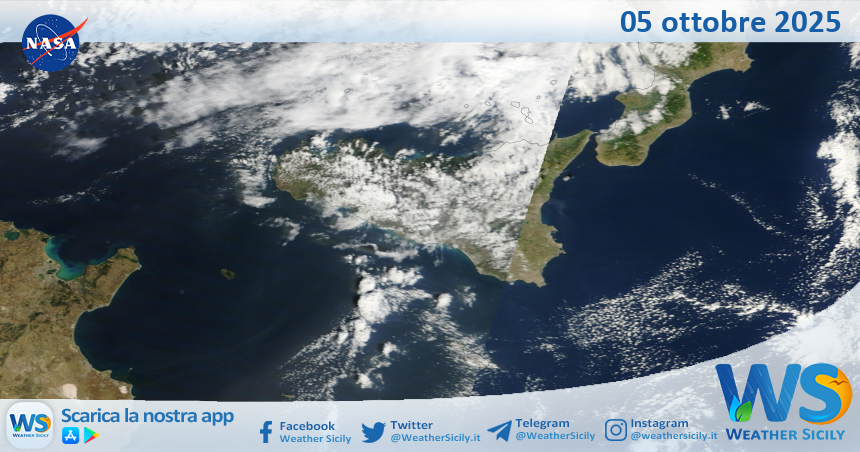 Meteo Sicilia: immagine satellitare Nasa di domenica 05 ottobre 2025