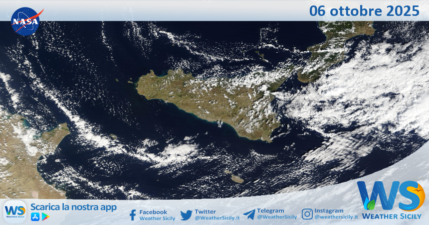 Meteo Sicilia: immagine satellitare Nasa di lunedì 06 ottobre 2025