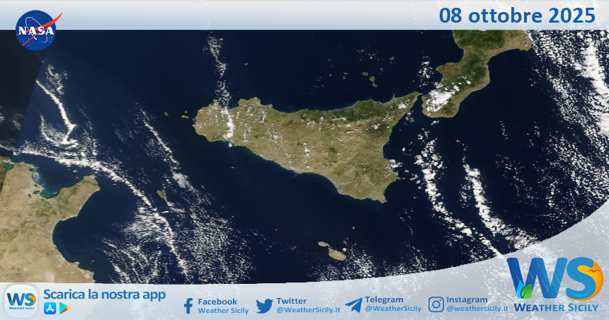 Meteo Sicilia: immagine satellitare Nasa di mercoledì 08 ottobre 2025