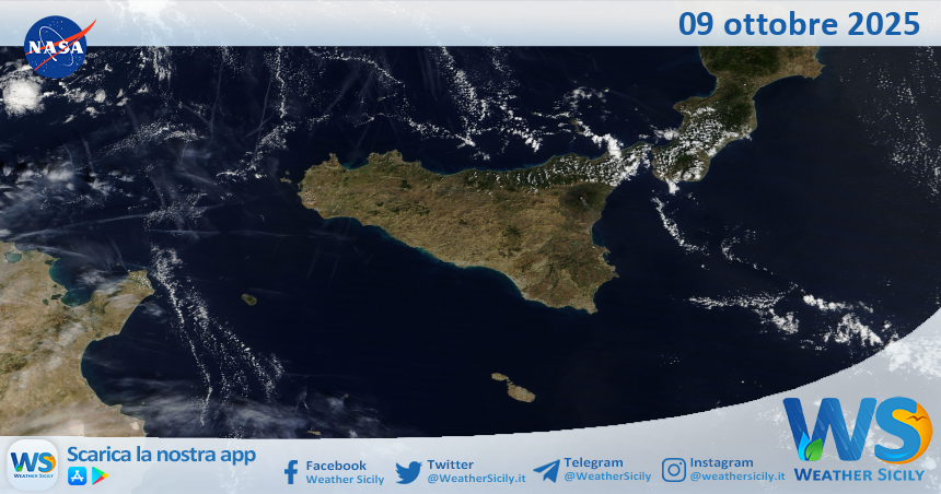 Meteo Sicilia: immagine satellitare Nasa di giovedì 09 ottobre 2025