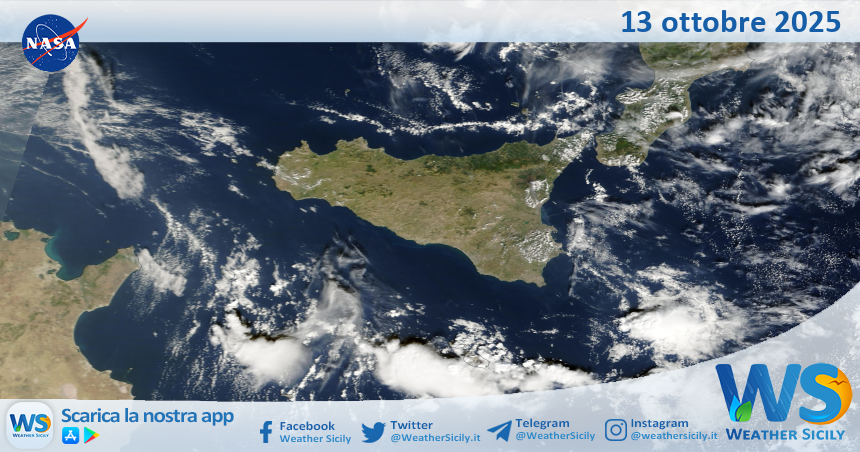 Meteo Sicilia: immagine satellitare Nasa di lunedì 13 ottobre 2025