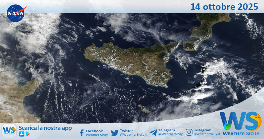 Meteo Sicilia: immagine satellitare Nasa di martedì 14 ottobre 2025