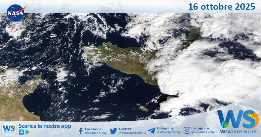 Meteo Sicilia: immagine satellitare Nasa di giovedì 16 ottobre 2025