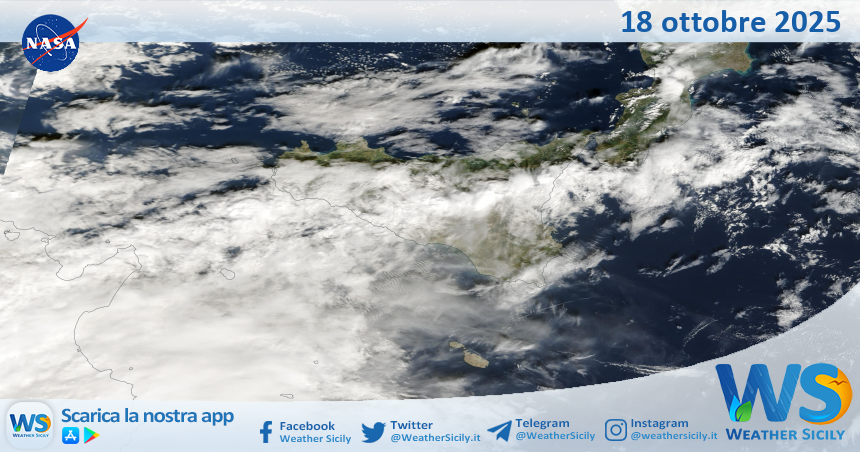 Meteo Sicilia: immagine satellitare Nasa di sabato 18 ottobre 2025
