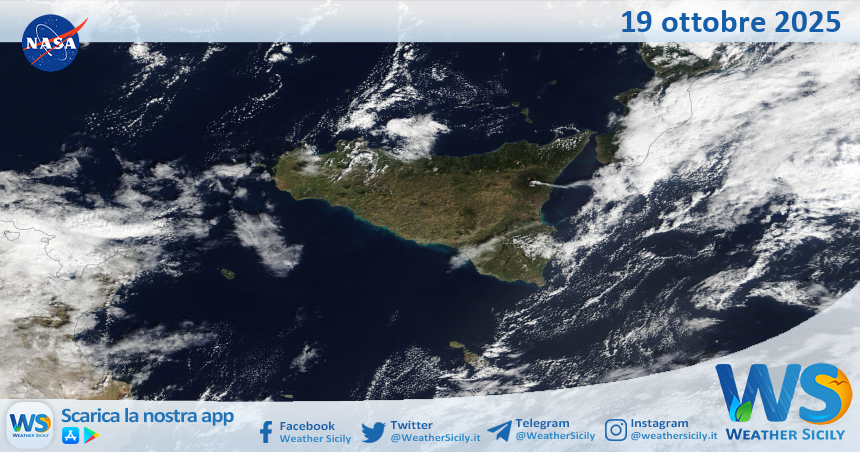Meteo Sicilia: immagine satellitare Nasa di domenica 19 ottobre 2025