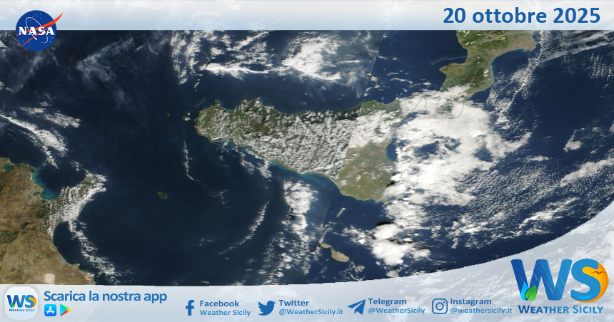 Meteo Sicilia: immagine satellitare Nasa di lunedì 20 ottobre 2025