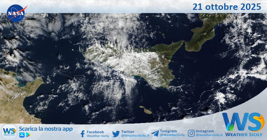 Meteo Sicilia: immagine satellitare Nasa di martedì 21 ottobre 2025