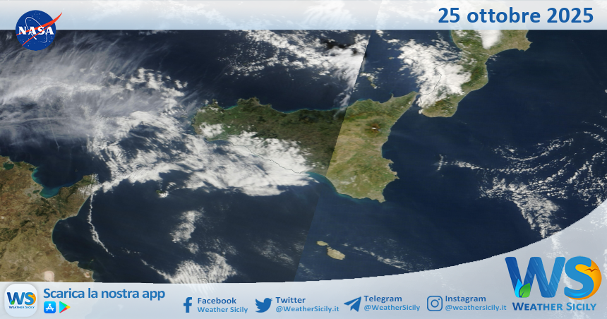 Meteo Sicilia: immagine satellitare Nasa di sabato 25 ottobre 2025