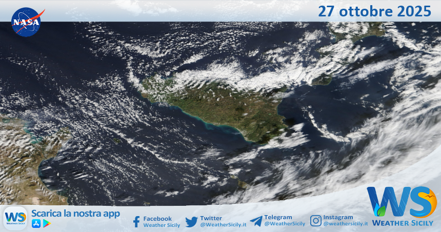 Meteo Sicilia: immagine satellitare Nasa di lunedì 27 ottobre 2025