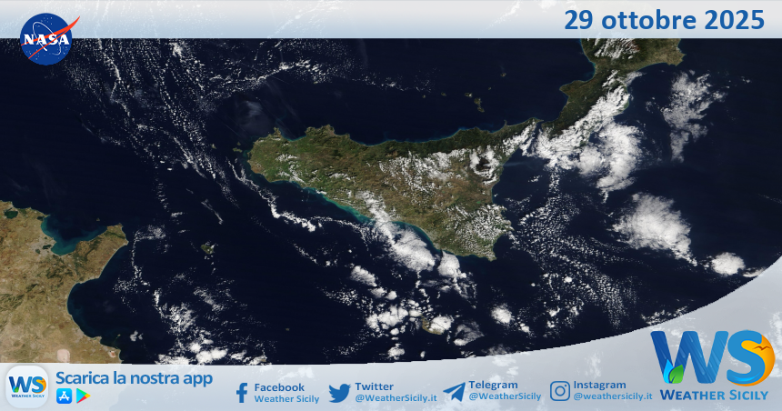 Meteo Sicilia: immagine satellitare Nasa di mercoledì 29 ottobre 2025