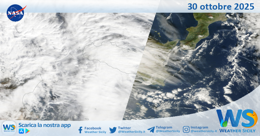 Meteo Sicilia: immagine satellitare Nasa di giovedì 30 ottobre 2025