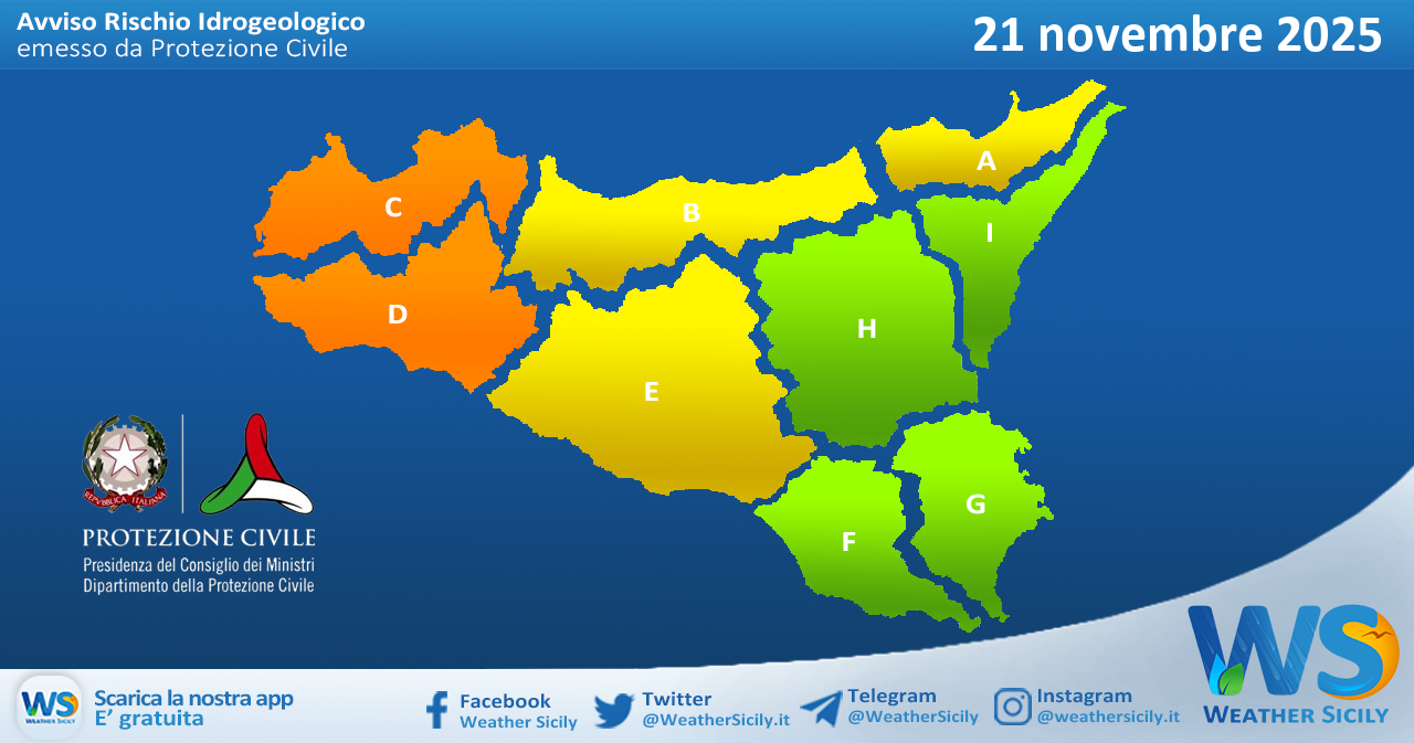 Meteo Sicilia: bollettino di allerta meteo per domani, venerdì 21 novembre 2025