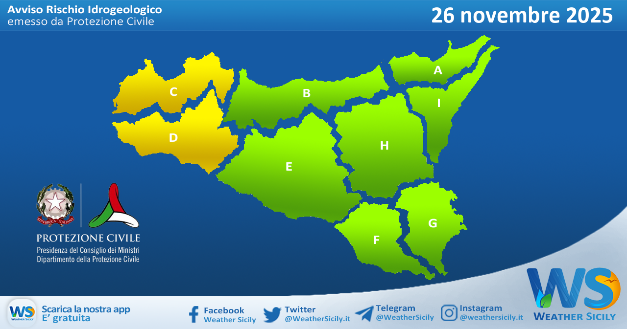 Meteo Sicilia: bollettino di allerta meteo per domani, mercoledì 26 novembre 2025