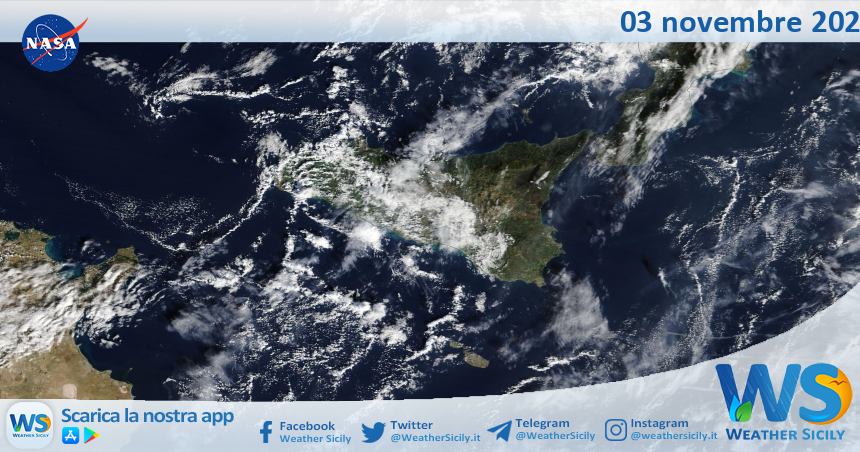 Meteo Sicilia: immagine satellitare Nasa di lunedì 03 novembre 2025