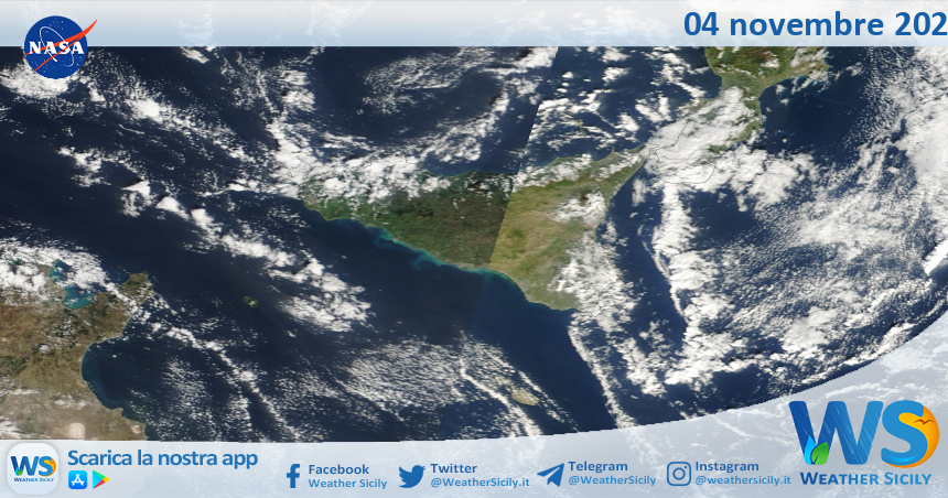 Meteo Sicilia: immagine satellitare Nasa di martedì 04 novembre 2025