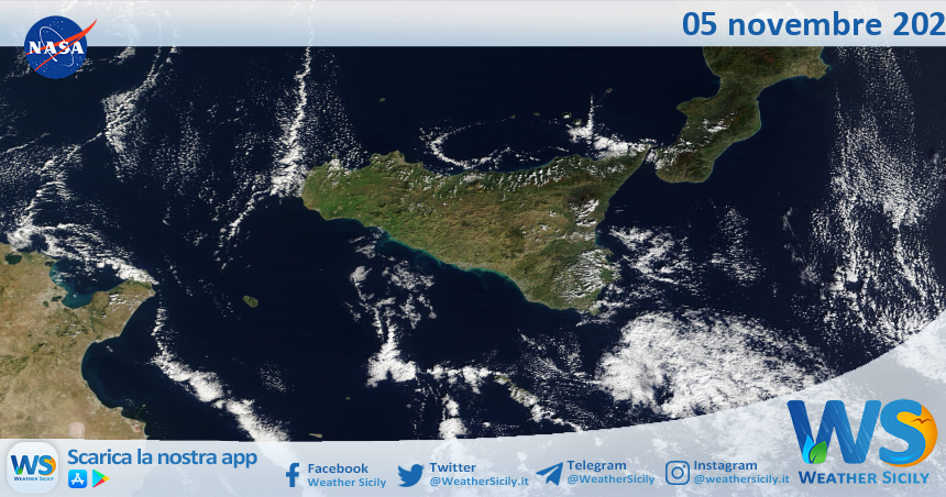 Meteo Sicilia: immagine satellitare Nasa di mercoledì 05 novembre 2025
