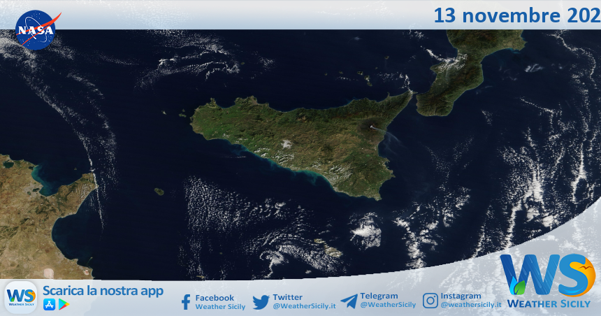 Meteo Sicilia: immagine satellitare Nasa di giovedì 13 novembre 2025