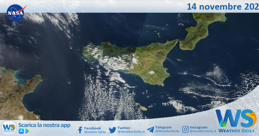 Meteo Sicilia: immagine satellitare Nasa di venerdì 14 novembre 2025