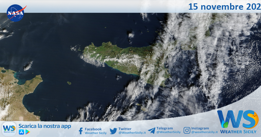 Meteo Sicilia: immagine satellitare Nasa di sabato 15 novembre 2025