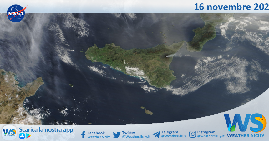 Meteo Sicilia: immagine satellitare Nasa di domenica 16 novembre 2025