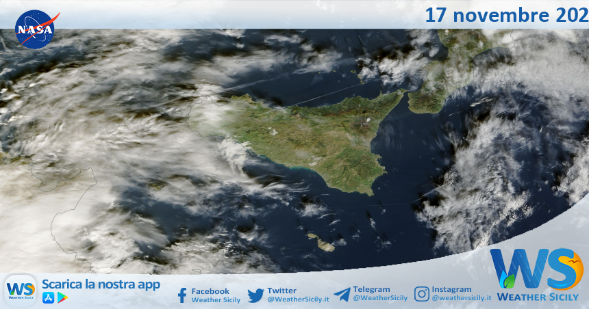 Meteo Sicilia: immagine satellitare Nasa di lunedì 17 novembre 2025