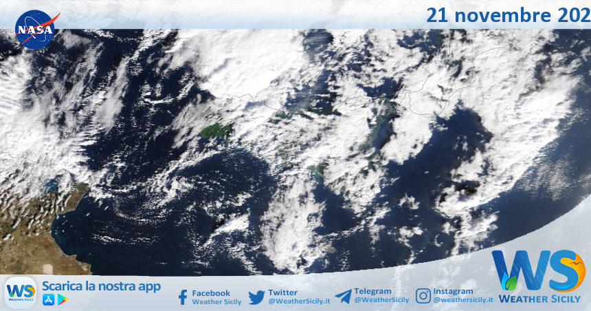 Meteo Sicilia: immagine satellitare Nasa di venerdì 21 novembre 2025