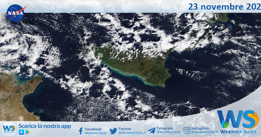 Meteo Sicilia: immagine satellitare Nasa di domenica 23 novembre 2025