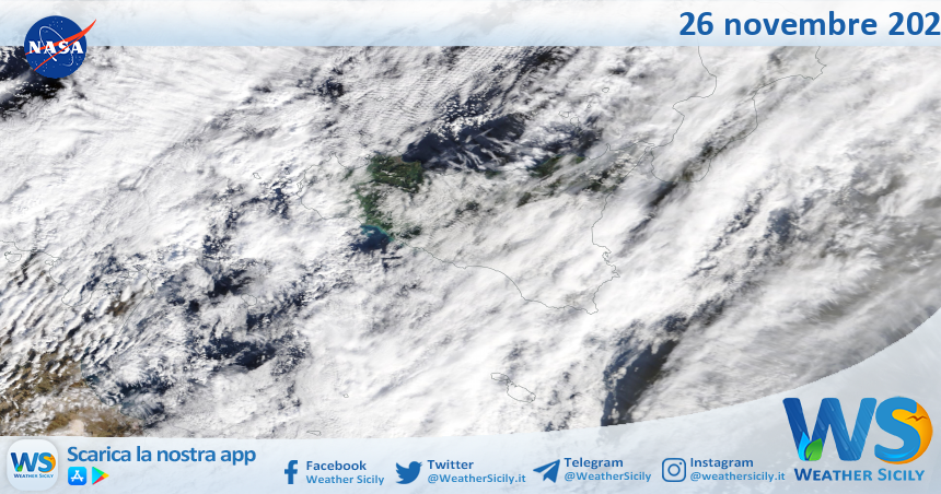 Meteo Sicilia: immagine satellitare Nasa di mercoledì 26 novembre 2025