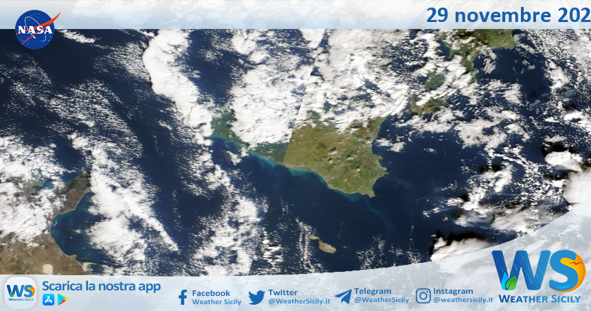 Meteo Sicilia: immagine satellitare Nasa di sabato 29 novembre 2025
