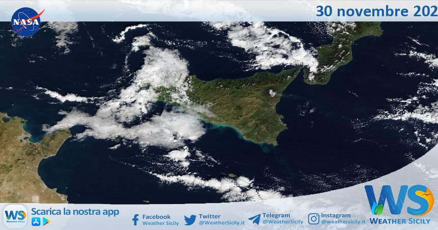 Meteo Sicilia: immagine satellitare Nasa di domenica 30 novembre 2025