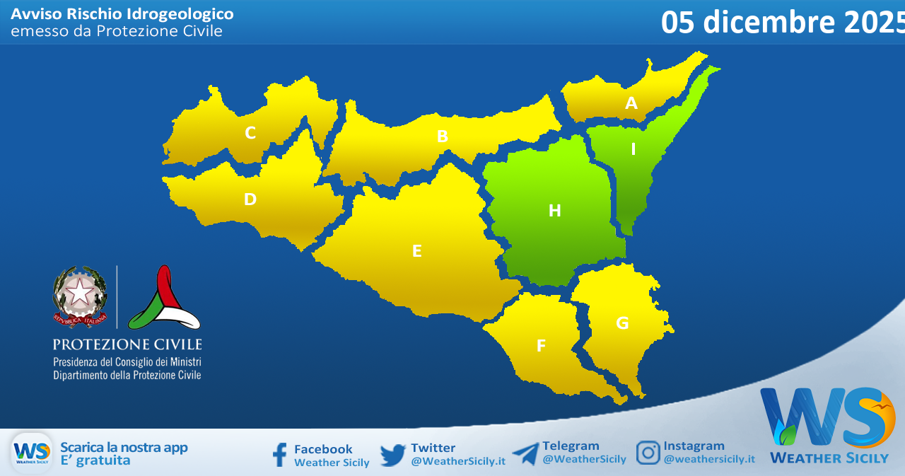 Meteo Sicilia: bollettino di allerta meteo per domani, venerdì 05 dicembre 2025