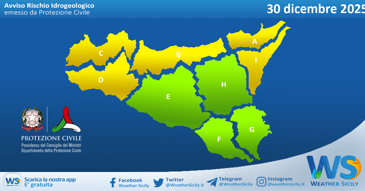 Meteo Sicilia: bollettino di allerta meteo per domani, martedì 30 dicembre 2025