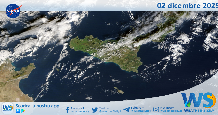 Meteo Sicilia: immagine satellitare Nasa di martedì 02 dicembre 2025