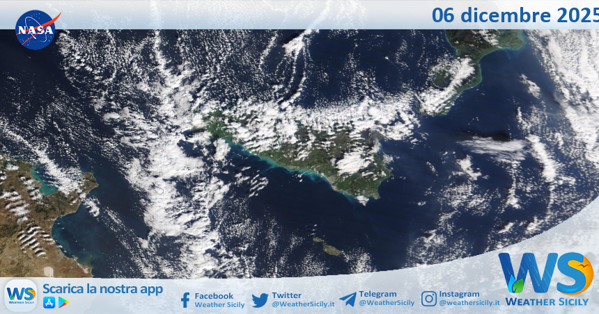 Meteo Sicilia: immagine satellitare Nasa di sabato 06 dicembre 2025