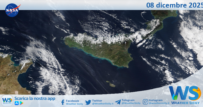 Meteo Sicilia: immagine satellitare Nasa di lunedì 08 dicembre 2025